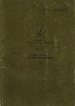 An olive green cardboard cover with black information on the cover which is hard to read.