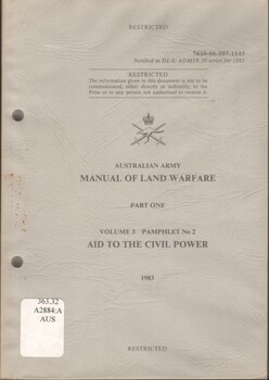 A grey coloured booklet with Restricted at the top and bottom of the cover