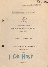 Booklet, Australian Army: Manual of Land Warfare, Part One: Vol.1, Pamphlet No.2: Command And Control (provisional), 1977