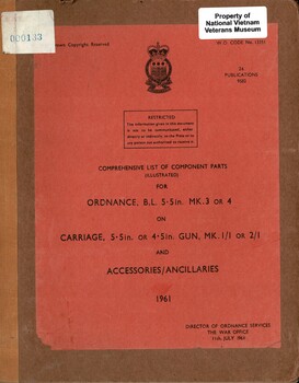 Comprehensive List of component Parts (illustrated) for Ordnance, B.L. 5.5in. MK.3 or 4 on Carriage, 5.5in, or 4.5in. GUN, MK. 1/1 or 2/1