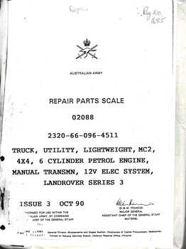 Australian Army: Repair Parts Scale 02088, 2320-66-096-4511. Truck, Utility, Lightweight, MC2, 4x4, 6 Cyclinder Petrol Engine, Manual Transmn, 12V Elec System: Landrover Series 3