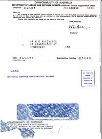 Document - National Service Selection for Service Card, NS 69(Rev 1/68) with envelope, 1960s
