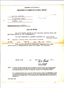 Document, National Service Call-up Notice NS 27 (rev 5/65)