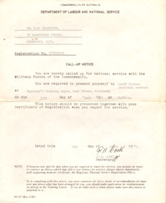 Department of Labour and National Service Call-up Notice for Mr N.E. Swainston