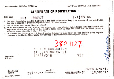 Document, Army Certificate of Registration NS 2 (rev 7/69)