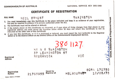 Document - Army Certificate of Registration, NS 2 (rev 7/69)