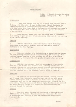 Four page proforma letter from Commanding Officer Lieutenant Colonel K. H. Kirkland, 2n. Recruit Training Battalion Puckapunyal