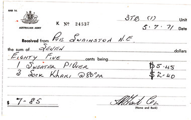 Document, Australian Army Receipt No. 24537, 5/07/1971 12:00:00 AM