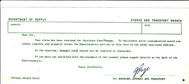 Document, Australian Department of Supply Claim Acknowledgement, 6/03/1972 12:00:00 AM