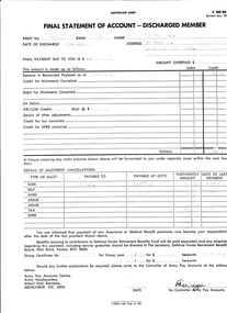 Document, Final Statement of Account - Discharged Member of Australian Army F WF 88 ( rev Dec 1970), 20/10/1972 12:00:00 AM