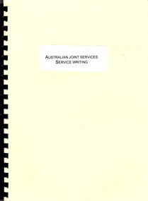 A manual with a cream coloured cover with "Australian Joint Services Service Writing on a white label that is on the cover