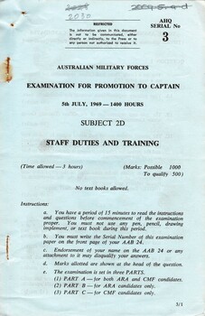 Australian Military Forces: Examination For Promotion to Captain: Staff Duties and Training, 1969