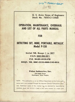 Operation, Maintenance, Overhaul And List Of All Parts Manual For Detecting Set, Mine, Portable, Metallic Model P-158