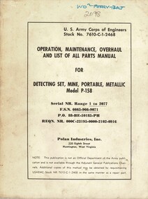Operation, Maintenance, Overhaul And List Of All Parts Manual For Detecting Set, Mine, Portable, Metallic Model P-158