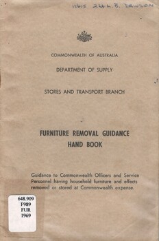 Commonwealth Of Australia: Department of Supply, Stores and Transport Branch: Furniture Removal Guidance Hand Book
