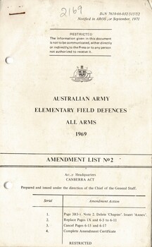 Australian Army: Eelementary Field Defences, All Arms, 1969 Amendment List No:2