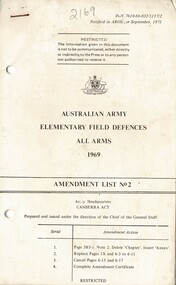 Australian Army: Eelementary Field Defences, All Arms, 1969 Amendment List No:2