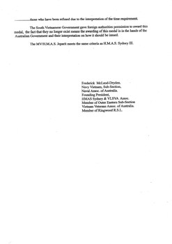 A Copy of the Application by Ships Company of HMAS Sydney III for awarding of the Vietnam Campaign Medal.