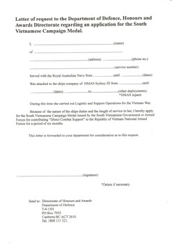 A Copy of the Application by Ships Company of HMAS Sydney III for awarding of the Vietnam Campaign Medal.