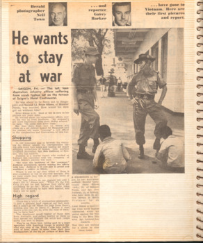 A newspaper article titled, He wants to stay at war, about Peter Sibree & Donald Juillerat