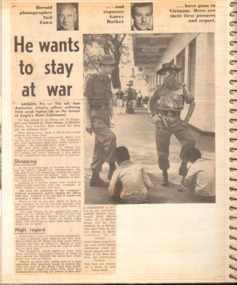 A newspaper article titled, He wants to stay at war, about Peter Sibree & Donald Juillerat