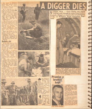 Newspaper articles about 'A Digger Dies. and 'Promise a brother kept'.