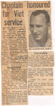 A Newspaper Clipping Titled "Chaplain honoured for Viet Service".