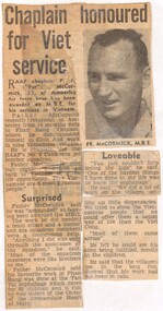 A Newspaper Clipping Titled "Chaplain honoured for Viet Service".