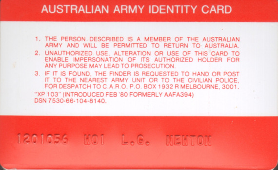 Australian Army Identity Card for L/Cpl Leslie Graham Newton