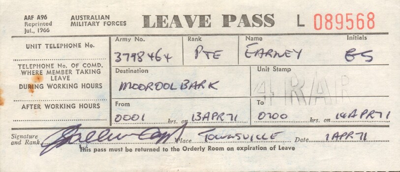 A Leave pass for Pte Geoffrey Stewart Earney