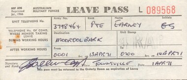 A Leave pass for Pte Geoffrey Stewart Earney