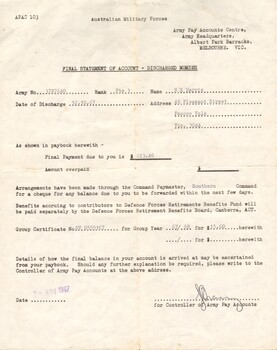 Final Statement of Account - Discharged Member for Pte Neil Richard Harris