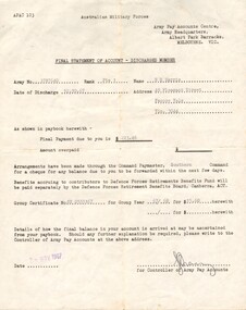 Final Statement of Account - Discharged Member for Pte Neil Richard Harris