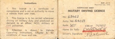 Original Australian Army Military Driving Licence for Sgt Colin Peter Chadwick