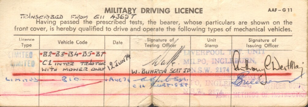 Original Australian Army Military Driving Licence for Sgt Colin Peter Chadwick