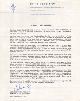 A Letter from Perth Legacy Titled To Whom It May Concern regarding Kevin John Anthony Mooney