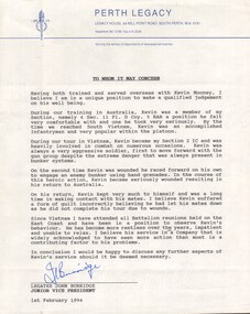 A Letter from Perth Legacy Titled To Whom It May Concern regarding Kevin John Anthony Mooney