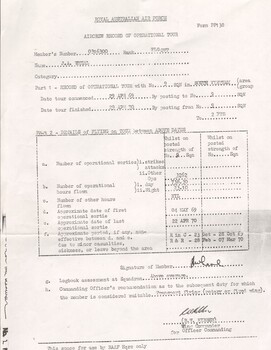 Copies of Aircraft Record of Operational Tour from Flying Officer John Anthony Wheal