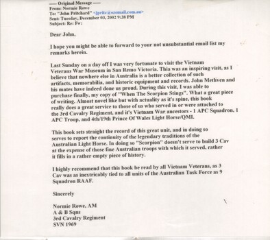 A Laminated Copy of Two Emails from Normie Rowe, AM, John Pritchard and Ted (Blue) & Julie Hawkins