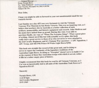 A Laminated Copy of Two Emails from Normie Rowe, AM, John Pritchard and Ted (Blue) & Julie Hawkins