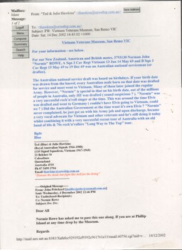 A Laminated Copy of Two Emails from Normie Rowe, AM, John Pritchard and Ted (Blue) & Julie Hawkins