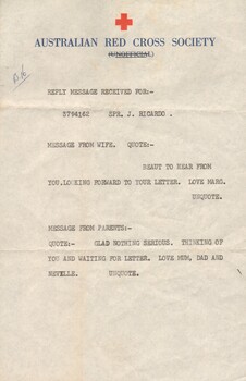 A Telegram From the Australian Red Cross to Sapper John Victor Richardo's Family.