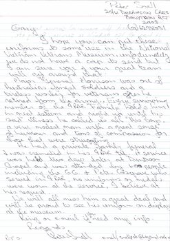 A letter from Peter Snell regarding the donation of Maj Gen Morrison's uniform.