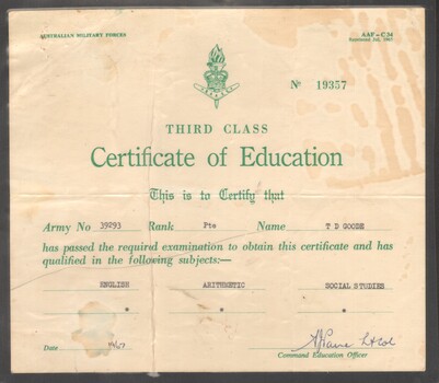 Third Class Certificate of Education for Pte T D Goode