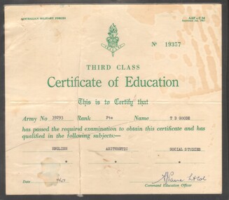 Third Class Certificate of Education for Pte T D Goode