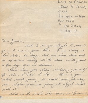 An Original Letter Written by Cpl R Kenane to Joanna dated 1 Sept 66