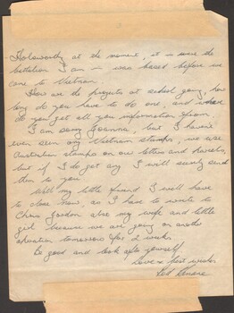 An Original Letter Written by Cpl R Kenane to Joanna dated 1 Sept 66