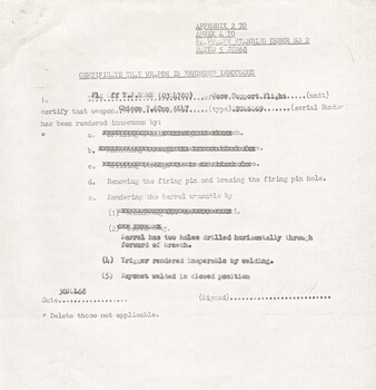 A Copy of a Certificate That Weapon is Rendered Innocuous