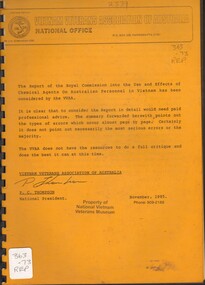 Document, Royal Commission on the Use and Effects of Chemical Agents on Australian Personnel in Vietnam, The Report of the Royal Commission into the Use and Effects of Chemical Agents on Australian Personnel in Vietnam has been considered by the VVAA, 1985