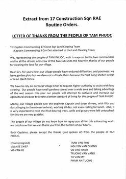 A Copy of an Extract from 17 Construction Sqn RAE Routine Orders: Letter of Thanks From the People of Tam Phuoc